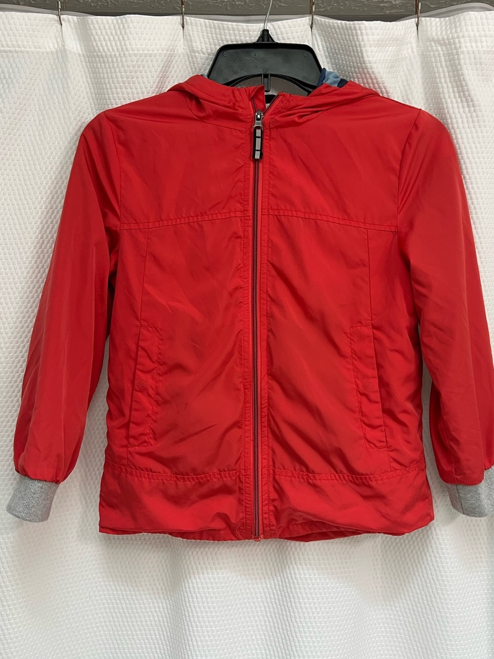 Mini Boden Red Hooded Raincoat with Gray Trim and blue camo lining